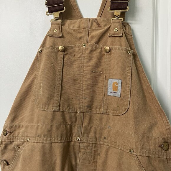 Vintage Carhartt Overalls Mens Tan Canvas Double Knee Dungaree Bib Distressed - Picture 2 of 12